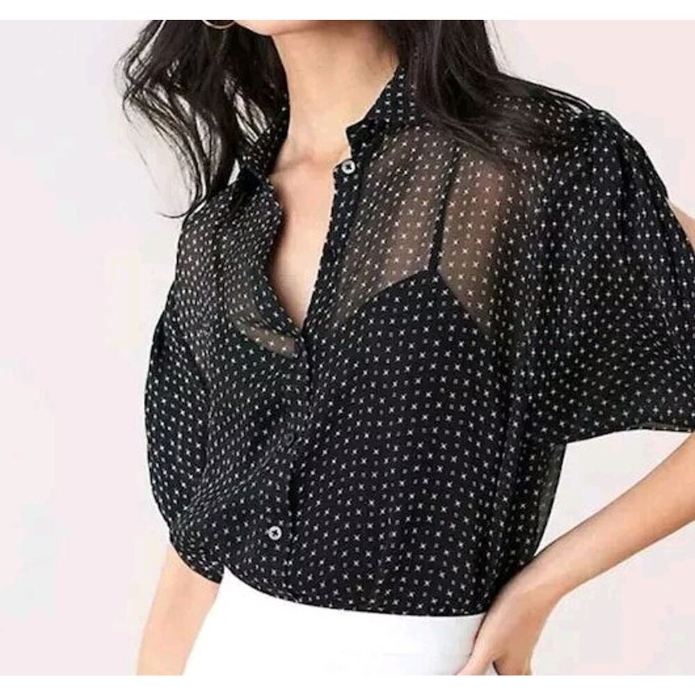 DIANE VON FURSTENBERG DVF BEATRIZ GEO Silk GRID BLACK Blouse Size L A002001